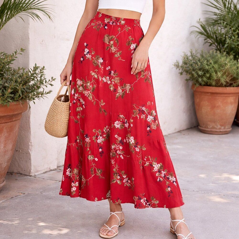 Sag Harbor Vintage Red Floral Full-Length Skirt Size 16